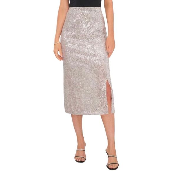 Vince Camuto Silver Sequined Side Slit Midi Skirt - Picture 1 of 10